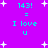 A static pixel art image with a bright purple background, white starbursts scattered throughout, and cyan text reading "143! = I love U" repeated four times in a