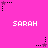 Pixelated pink background with repeated 'SARAH' text and star-shaped icons in black, purple, and white.