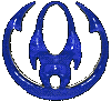 Blue and silver circular icon with central stylized symbol, shown from multiple angles in a