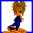 Pixelated character with brown curly hair and blue outfit in three poses, transitioning to text animations on white background.