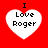Four white heart shapes on a red background, each containing black text reading "I Love Roger" with the top letter "I" positioned above the heart.