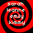 Four identical red and black spiral patterns with white text reading 'sarah', 'leanne', 'emily', 'kimmy' arranged in a
