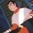 Pixelated figure in white and orange attire with arms extended against dark background.