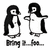 Two pixelated penguin figures stand side-by-side with stylized text below them, rendered in black and white on a plain background.