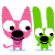 Pixelated pink dog and green rabbit icons with large eyes, black noses, and blue feet in a