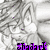 Pixelated grayscale anime-style character with long hair and purple accents, featuring visible text at the bottom.
