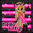 Pixel art of a blonde girl with blue eyes in a pink dress, standing against a pink and black striped background with white stars, text reads 'hello kitty!' in pink and black.