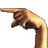 Pixelated hand pointing left with thumb extended, rendered in warm brown and beige tones against a solid gray background.