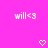 A bright pink background displays repeated 'will<3' text and pixelated heart symbols, with some hearts changing to downward arrows in different frames.