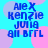 Blue text on cyan background with pink and purple heart shapes, displaying names Alex Kenzie Julia Bill Brrl in pixelated font.