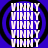 Blue background with four black circular outlines containing repeated white text "VINNY" in vertical