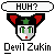 Pixel art character with red ears, green star, and white face displays multiple expressions and text bubbles including "HUH?", "I'M NO", "DEVIL!!!", "AAAAAAH!", "...!", and "Evil ZuKin" text.