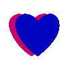 A heart-shaped icon transitions from solid blue with pink outline to fully pixelated blue and pink particles against gray background.