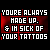 A static digital image displays repeated text in white and red on a black background with red zigzag patterns.