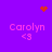 Purple background with four identical 'Carolyn' text blocks, each followed by '<3', and animated red pixel symbols at top-left (heart) and top-right (starburst), plus a central starburst.