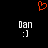 A static pixel art image with a black background, featuring a red heart outline at the top center and two identical white text-based smiley faces below.