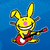 Pixelated yellow rabbit with pink nose and blue eyes plays red electric guitar against solid blue background; white text reads "I know it's too loud I just don't care.".