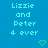 Pixelated text reads "Lizzie and Peter 4 ever" in light blue on a solid blue background with two green pixel hearts below.