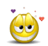 Animated yellow smiley face with closed eyes and a wide grin, surrounded by floating hearts in red and purple hues.