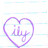 Purple heart outline with stylized lowercase text inside on a white background, surrounded by light blue horizontal lines.