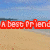 A beach scene with a blue sky and sandy shore, overlaid by colorful pixelated text reading "A best friend is someone who reaches out of your hand but touches your heart...".