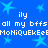 Blue background with light blue stars and repeated white text reading 'ily all my bfss all my bfss MoNiQuEkEeB' in pixelated font.