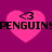 Four identical pink heart shapes on a magenta background, each containing '<3' and overlaid with 'PENGUIN PENGUINS' text.