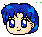 Pixelated anime-style head with blue hair and large eyes showing multiple expressions on green and gray backgrounds.