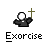 Pixelated icon shows a figure in dark clothing holding a white orb and brown cross against gray background with 'Exorcise' text below.