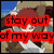 Pixelated anime-style character with red hair and brown clothing, shown in four with text overlay changing from 'stay out of my way' to empty