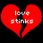 Two identical red broken hearts with white text 'love stinks' on black background, each heart split into two jagged pieces.