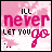 A 3x3 contact sheet of animated frames showing a pink and white pixelated background with the text "I'LL NEVER LET YOU GO" where letters alternate between pink and yellow across frames, accompanied by small black dots and plus signs that change position.