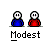 Two pixelated figures in blue and red shirts stand under text bubbles reading 'IM', 'PERFECT', 'DON'T BE', and 'SO MODEST' with 'Modest' written below them.