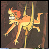 Pixelated cartoon character with orange hair and yellow skin, clinging to a golden pole with wide eyes and an open mouth against a brown background.