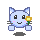 Pixelated light blue cat with black eyes, pink cheeks, and a yellow flower held in front of its face against a gray background.