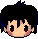 Pixelated character head with black hair and brown eyes, showing four distinct facial expressions