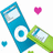Pixelated blue and green device with circular interface elements, pink heart, and small blue heart on white background.