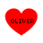 Four red heart shapes with black text 'OLIVER' centered inside each heart, arranged in a on a white background