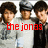 A pixelated image of six young men in two with red text overlays reading "the jonas brothers!!<8" and "HOTT"