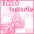 A 6-frame animated contact sheet of a pink pixel-art butterfly icon with repeating text "I AM A butterfly" on a checkered background.