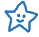 Two blue star-shaped cartoon icons with smiling faces on a gray background, one static and one with small floating particles around it.
