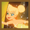 Pixelated cartoon character with blonde hair in a bun, green eyes, red lips, and a yellow dress, surrounded by white sparkles against a gradient background.