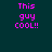 Pixelated text "This guy cool!!" in bright pink on dark teal background with circular light effects.
