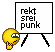 Animated sequence showing a yellow cartoon character interacting with a whiteboard that displays changing text, including 'rekt srei punk' and 'Rechtschreibung!' with a rainbow flag symbol.