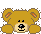 Pixelated brown teddy bear with changing facial expressions and a small yellow-and-black figure above it on gray background.