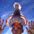 Pixelated figure with dark hair and red clothing against a blue gradient background, arms extended horizontally.