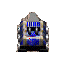 Blue and silver shield-shaped icon with striped top and central symbol, displayed in multiple orientations including upright and rotated views.