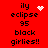 Red background with black text reading 'ily eclipse 95 black girlies!!' and two distinct white pixelated symbols above the text.