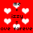 Red background with white heart shapes and black text reading "me + izzy = love foreve" repeated in two