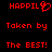 Red pixelated text and symbols on black background, with two identical side-by-side layouts showing 'HAPPIL' followed by a heart symbol, 'Taken by', and 'The BEST!' in red.